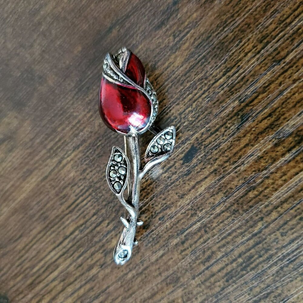 Rose Brooch, Silver Tone with Red Enamel & Rhinestones, Vintage Flower Jewelry